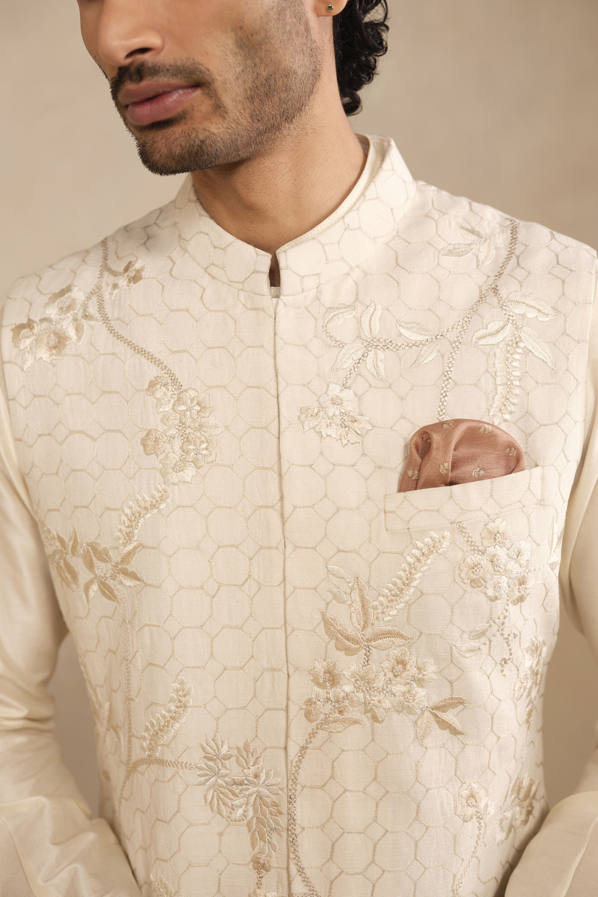 Kavish Embroidered Silk Nehru Jacket -  Off White, Off White, image 5
